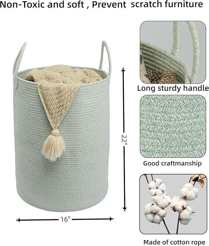 XUANGUO Cotton Rope Laundry Basket Hamper for Clothes Woven Storage Basket for Living Room Bedroom Boho Tall Rope Baskets for Blanket Toys Pillow Towels Baby Nursery Hamper Bin green Large