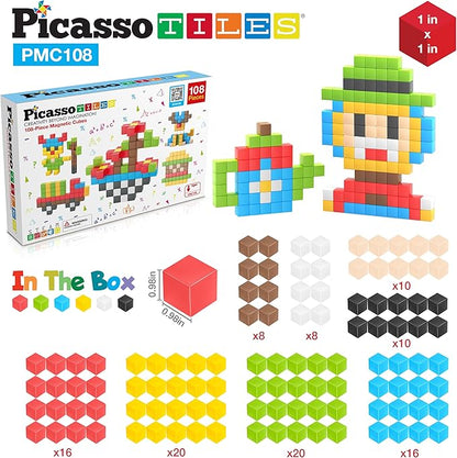 Picasso Cubes 1” Magnetic Puzzle Cubes 108 Piece Magnet Construction Building Block Set Sensory Toy Early Education STEM Learning, Free Ideabook with 50 Ideas, Children Age 3+ Boy Girl PMC108
