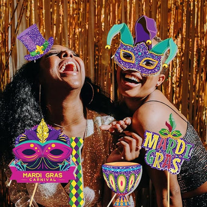219 Pcs Mardi Gras Party Favors Set, Mardi Gras Masks, Bracelets, Beads Necklaces, Photo Booth Props, Temporary Tattoos Stickers and Coins Set, for Mardi Gras Parade Masquerade Party Decorations