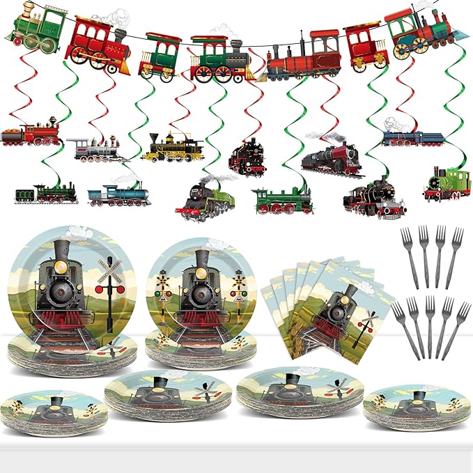 party greeting 109Pcs Train Birthday Party Supplies Includes Steam Train Party Plates Napkins Fork Retro Train Banner Hanging Ceiling Swirls for Train Transportation Baby Shower Party Decorations Set
