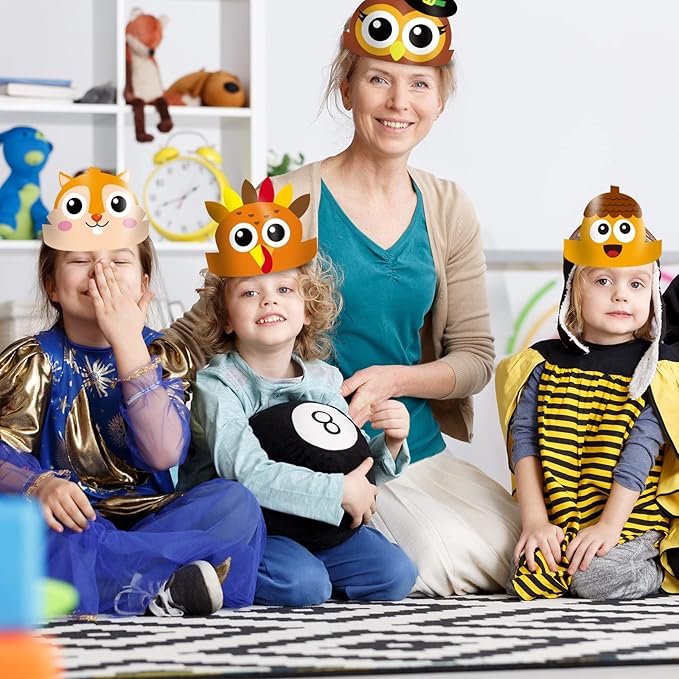 chiazllta 24 Packs Fall Crown Craft Kits for Kids Thanksgiving Pumpkin Turkey Headband Autumn DIY Art Craft Sticker Set Preschool Home Classroom Game Activities Party Favors