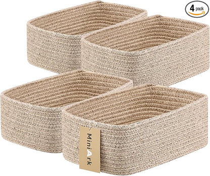 MiniArk Small Storage Baskets for Organizing | Closet Organizer Bins | Shelf Toy Basket | Woven Rope Baskets | Cube Decorative Box | Shallow Basket | 11.5x7.5x4.7” | 4 Packs Mixed Brown