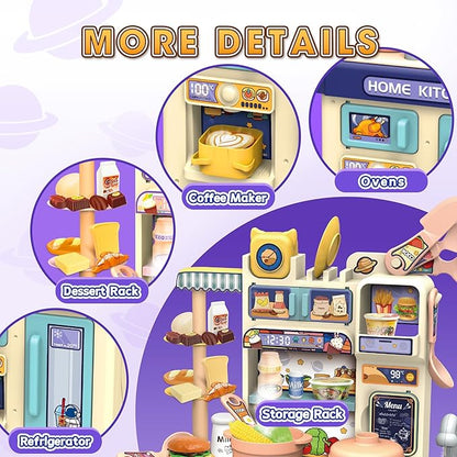 Mini Kids Kitchen Playset with Apron, Play Kitchen Toy with Realistic Steam and Lights, Play Sink and Toy Kitchen Accessories, Pretend Play Gift for Toddlers 3-5 Boys Girls (Blue)