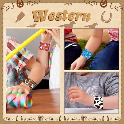 60PCS Western Party Favors Slap Bracelets Cowboy Cowgirl Bracelets Horse Wristbands for Western Themed Party Baby Shower Kids Birthday Party Supplies Decorations