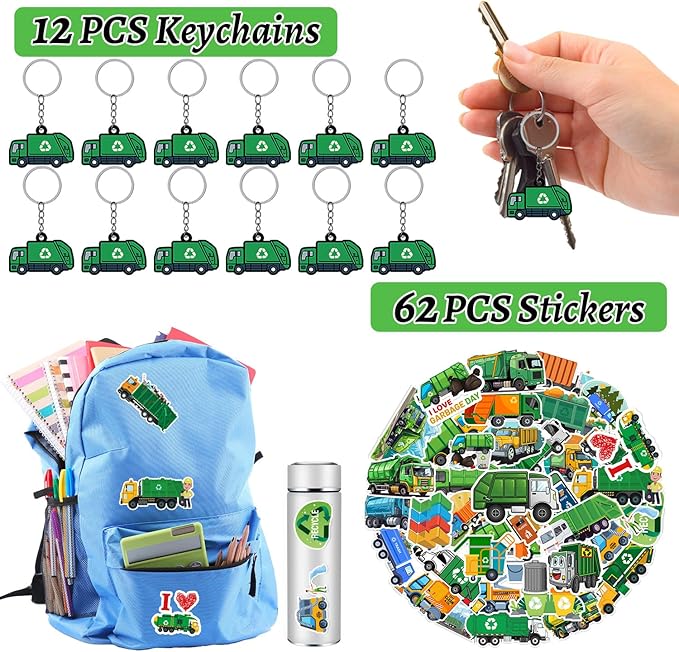 110 PCS Garbage Truck Party Favors, Garbage Trash Truck Tattoos Silicone Bracelets Keychains Stickers Badges for Garbage Truck Birthday Party Decorations Supplies Gifts for Kids Classroom Rewards