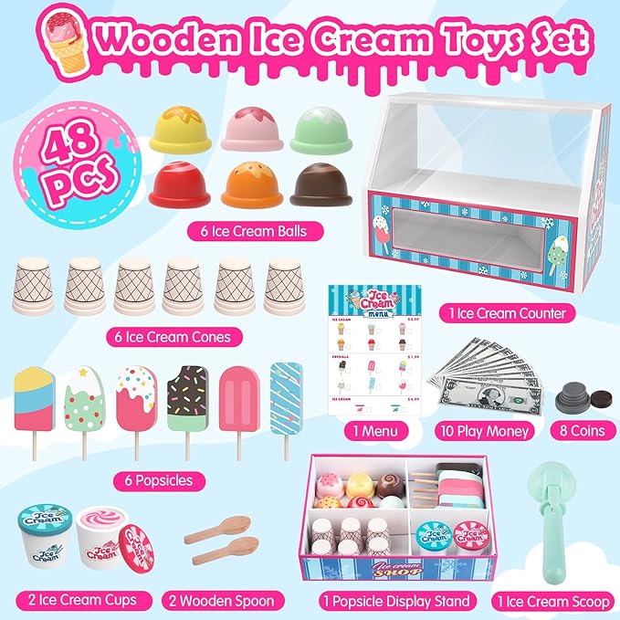 Wooden Ice Cream Toys Kids Toy Food for Toddler Girls 3+, Ice Cream Shop Playset, Pretend Play Kitchen Toys with Display Counter & Fake Money - Wooden Food Toys for 3 4 5 Year Old Girls Boys Birthday