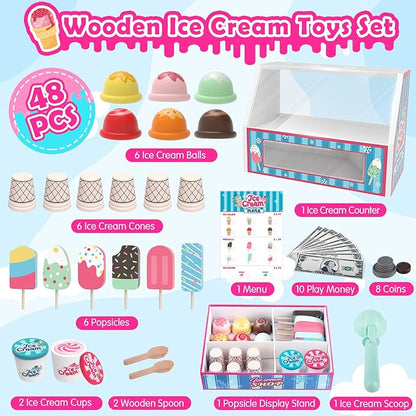 Wooden Ice Cream Toys Kids Toy Food for Toddler Girls 3+, Ice Cream Shop Playset, Pretend Play Kitchen Toys with Display Counter & Fake Money - Wooden Food Toys for 3 4 5 Year Old Girls Boys Birthday