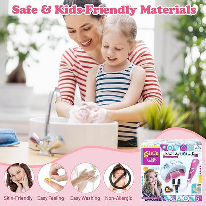 Kids Nail Polish Set for Girls Ages 5-12 Years Old, All-in-One Nail Art Kit with Nail Dryer/Glitter Pen/Nail Polish/Glitter Powder/Toe Separator/File, Toys Gifts for Girl 5 6 7 8 9 10 11 12