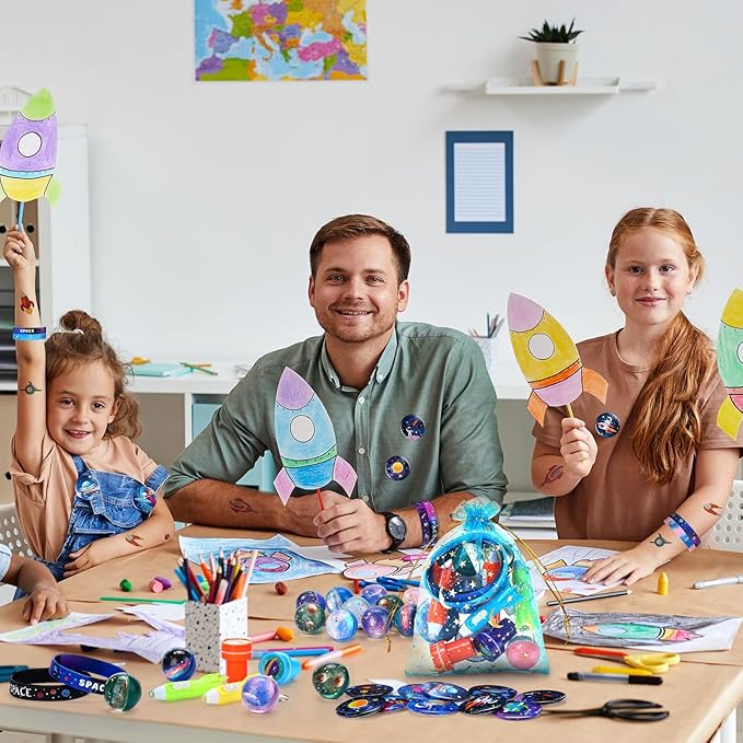 Faccito 84 Pcs Space Party Favors Bouncy Balls Silicone Bracelets Rocket Light Key Chain Stamps Space Party Supplies Galaxy Theme Bag Fillers for Solar System Planet Theme Birthday Classroom Rewards