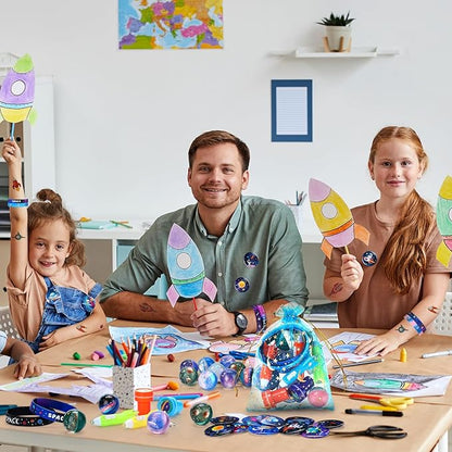 Faccito 84 Pcs Space Party Favors Bouncy Balls Silicone Bracelets Rocket Light Key Chain Stamps Space Party Supplies Galaxy Theme Bag Fillers for Solar System Planet Theme Birthday Classroom Rewards