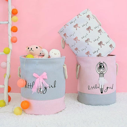 LANGYASHAN Laundry Basket Canvas Collapsible Organizer Storage Basket for Boys Girls Laundry Hamper Toy Bins Gift Baskets Bedroom Clothes Children Nursery (Bowknot)