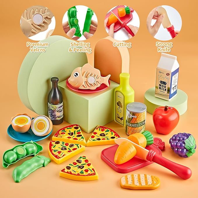 Pretend Play Kitchen Accessories, 52pc Kids Kitchen Playset with Play Food, Stainless Steel Cookware, Kitchen Toys Pots and Pans, Toddler Kitchen Set with Cuttable Toy Food, Boys Girls Gift