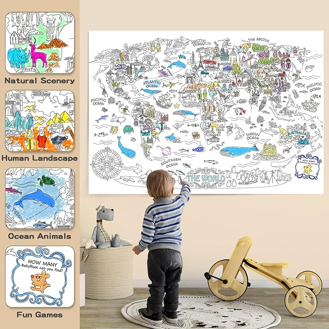 Jar Melo Giant Coloring Poster for Kids; World Map Jumbo Wall Coloring Poster, 45.3 x 31.5 Inches, Large Tablecloth Birthday Gifts for Class School Home Decorations