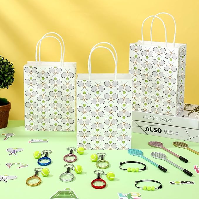 98 Pcs Tennis Party Favors, Tennis Party Decorations Includes 50 Tennis Stickers 12 Mini Tennis Racket Keychain 12 Tennis Charm Bracelets 12 Tennis Racket Shape Pens 12 Party Paper Bags