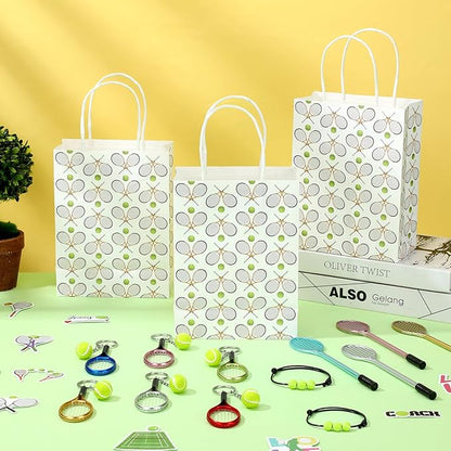 98 Pcs Tennis Party Favors, Tennis Party Decorations Includes 50 Tennis Stickers 12 Mini Tennis Racket Keychain 12 Tennis Charm Bracelets 12 Tennis Racket Shape Pens 12 Party Paper Bags