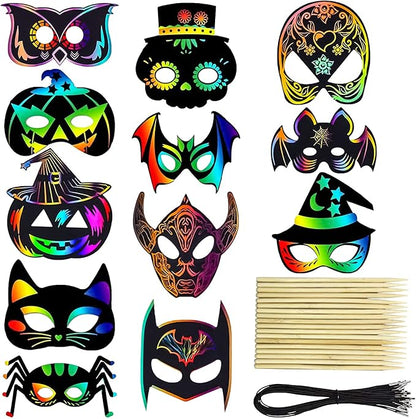 36PCS Halloween Scratch Masks, DIY Rainbow Scratch Paper Mask Art Craft Kit with Bamboo Stylus & Elastic Bands for Magic Scratch Party Favors, Birthday Gifts Pack, Halloween Party for kids