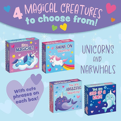 Peaceable Kingdom Valentines Cards for Kids Classroom, Set of 28 Valentines Day Gifts - Magical Friends Unicorn and Narwhal Horn Necklaces