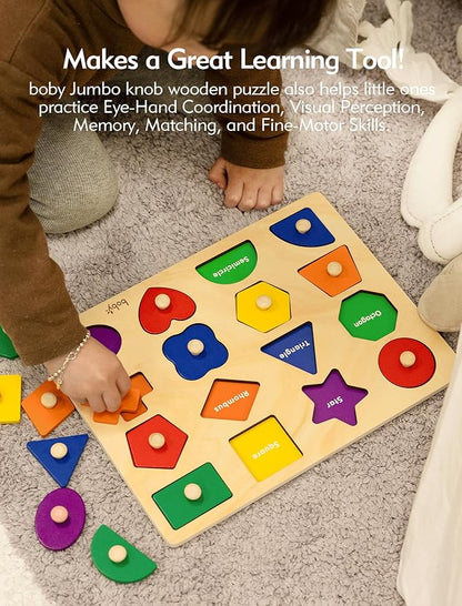 Boby Montessori Puzzles for Babies 8-12-18-24 Months, Wooden Jumbo Knob Peg Puzzle Shape Sorter for Toddlers 1-3 Year Old, Early Learning Sensorial Toys (Montessori Shapes Puzzle(16 Pieces))