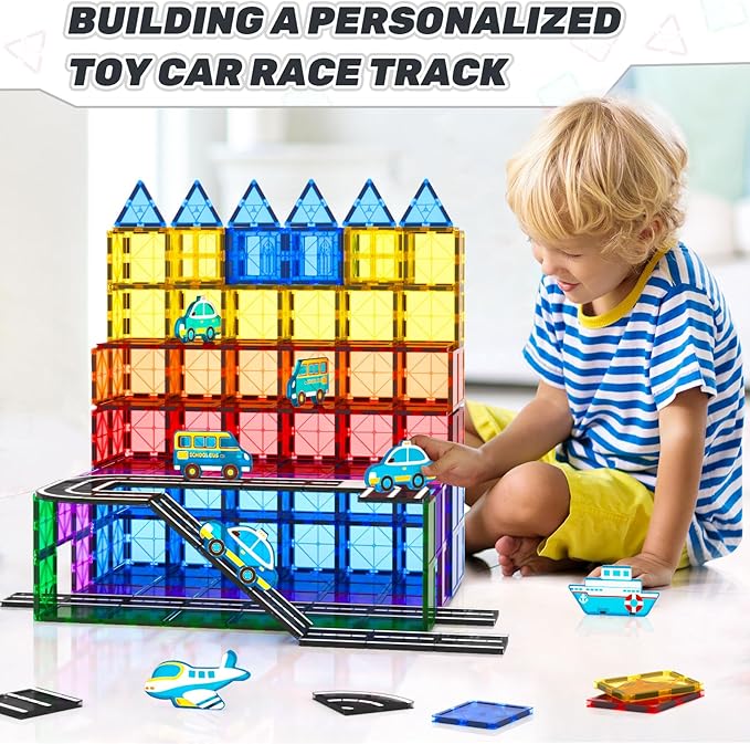 Magnetic Tiles Road Set with Car Toys, Magnetic Building Blocks for Toddlers, STEM Construction Toys for Kids Ages 3+, Gifts Toys for Boys & Girls