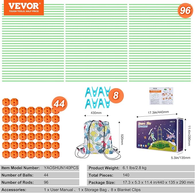 VEVOR Fort Building Kit for Kids, 140PCS Glow in The Dark STEM Building Toys, Educational Gift for 4 5 6 7 8+ Year Old Boys & Girls Indoor Outdoor Play Tent Construction Toys with 96 Rods and 44 Balls