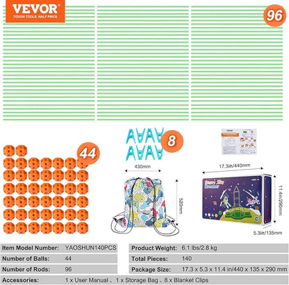 VEVOR Fort Building Kit for Kids, 140PCS Glow in The Dark STEM Building Toys, Educational Gift for 4 5 6 7 8+ Year Old Boys & Girls Indoor Outdoor Play Tent Construction Toys with 96 Rods and 44 Balls