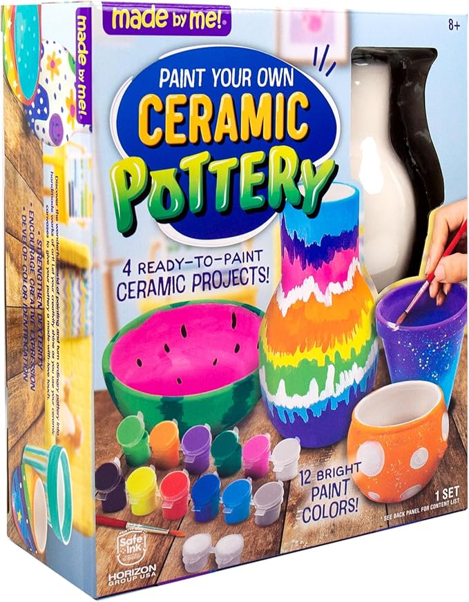 Made By Me Paint Your Own Ceramic Pottery, Fun Ceramic Painting Kit for Kids, Paint Your Own Ceramic Pottery Dish, Flower Pot, Vase & Bowl, Great Staycation Activity for Kids Ages 6, 7, 8, 9, Multi