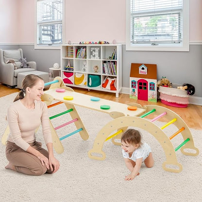 GLACER 5-in-1 Triangular Set of 3, Baby Climbing Toys w/Triangular Climber Arch Ramp Rocker, Indoor Outdoor Playground Wood Climbing Set, Early-Learning Montessori Toys (Colorful)