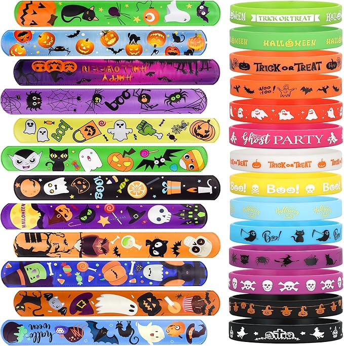 Halloween Party Favors for Kids - 50 Pack Slap Bracelets Halloween Decorations for Party Supplies, 36PCS Friendship Bracelet+14 Rubber Wristbands, Perfect Halloween Snap Bracelets for Halloween Treats