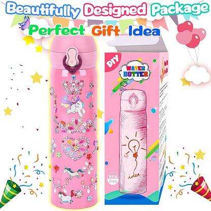 YOFUN Decorate Your Own Water Bottle with 11 Sheets of Unicorn Stickers & Glitter Gems, Craft Kit & Art Kit for Children, Gift for Girls Age 4 5 6 7 8 9 10 Years Old Kids, BPA Free Insulated (Pink)
