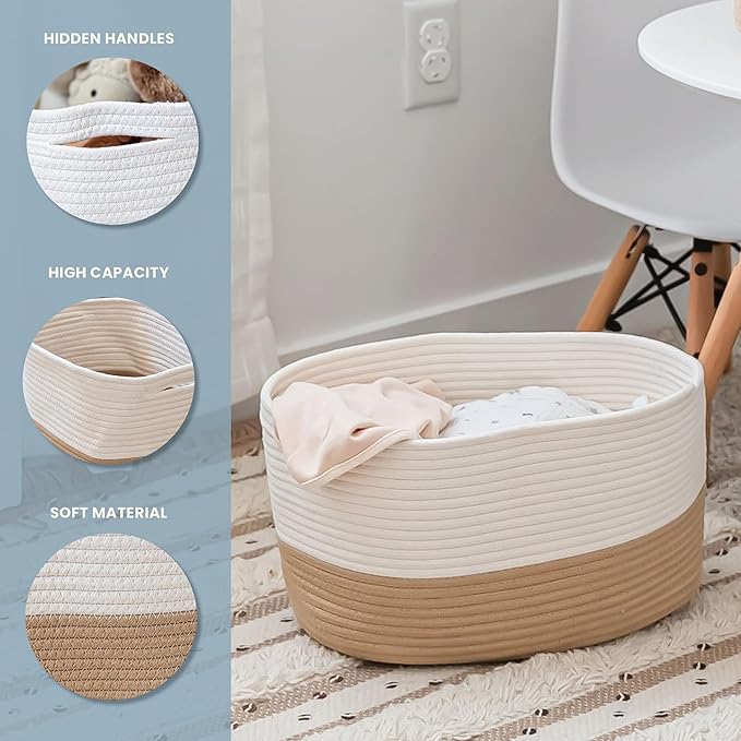 OrganiHaus Rope Baskets for Shelves - Set of 3 Woven Storage Baskets for Organizing, Closet & Toy Storage - Honey/Off-White - 15x9x10