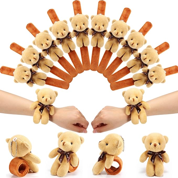 Ceenna 16 Pcs Valentine's Day Bear Stuffed Animal Slap Bracelets Plush Bear Slap Bracelets Adorable Bear Slap Wrist Bracelets Bulk for Birthday Party Favors Goodie Bag Fillers(Bear,Khaki)