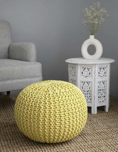 COTTON CRAFT - Hand Knitted Cable Style Dori Pouf - Yellow - Floor Ottoman - Cotton Braid Cord - Handmade & Hand Stitched - Truly one of a Kind Seating - 20 Dia x 14 High