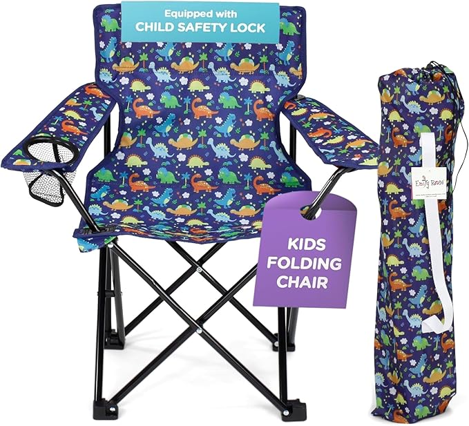 Emily Rose Kids Folding Chair | Beach Chair with Safety Lock- Camping Chair for Boys Girls Toddler with Cup Holder & Carry Case- Tailgate, Travel, Lawn- for Indoor & Outdoor (Playful Dinosaurs)