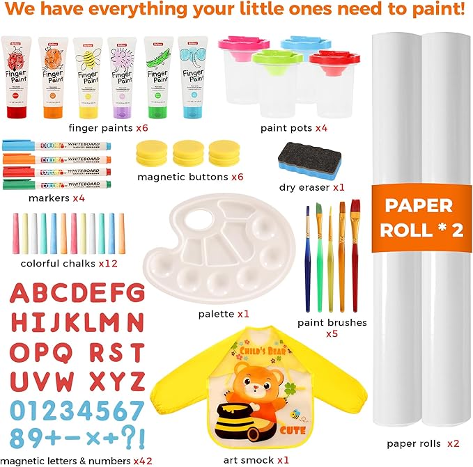 All-in-One Art Easel for Kids with 2 Paper Rolls & Deluxe Accessories, Adjustable Magnetic Double Sided Whiteboard & Chalkboard, Painting Kid Easel for Toddlers 2-8, Ideal Christmas Gift