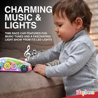 Playbees Light-Up Transparent Car Toy, Toys for Autistic Kids Ages 3-5 Sensory Toy for Kids with Autism Special Needs Toys, Bump and Go Toys for Toddlers Music and LED Effects Great Gift Idea