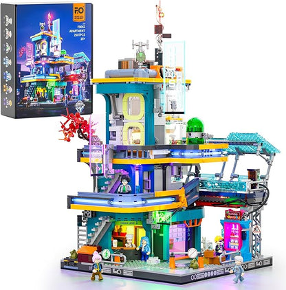 FUNWHOLE Cyberpunk Mansion Lighting Building-Bricks Set - 2524 Pcs Future City Modular Buildings Set Display Idea for Adults and Sci-fi Lovers
