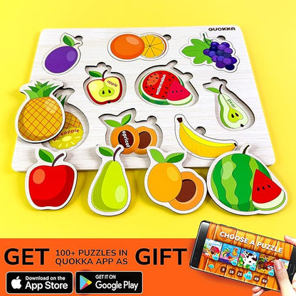 QUOKKA Wooden Puzzles for Toddlers 1-2 – 4 Set Pegged Puzzles for Kids Ages 1-2 – Fruits Learning Toy for Kids – Gift Realistic Educational Game for Boy and Girl