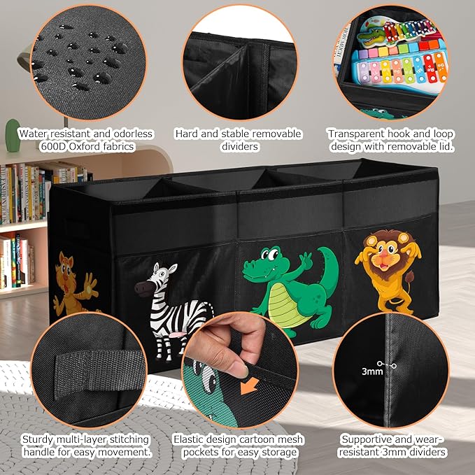 Extra Large Toy Box, Collapsible Sturdy Toy Storage Organizer with Lids, Dinosaur Storage Box for Boys Girls, 42"x16"x14" Kids Bin Chest Baskets for Living Room, Playroom, Bedroom, Nursery, Black