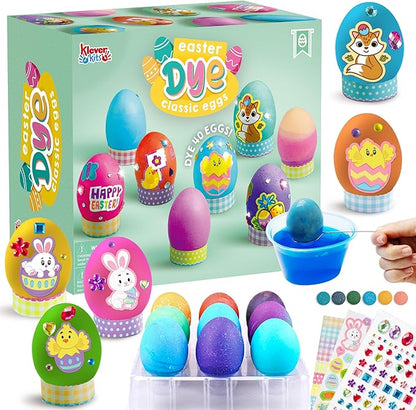 Klever Kits 20Pcs Easter Egg Dye Kit, DIY Easter Decorating Craft Kit with Egg Tray, Stands, Stickers for Kids Coloring Theme Creativity Activity, Home School Crafts
