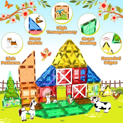 Magnetic Tiles Toys with Farm Animals for 3+ Year Old Toddler, Magnetic Blocks Building Toys for Kids Ages 3-5 5-7 Girls Boys, Classroom Must Haves