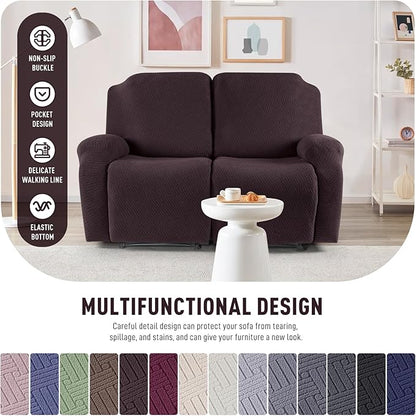 KinCam Recliner Covers, Stretch Reclining Chair Covers, Recliner Sofa Slipcovers Stripe Jacquard Recliner Couch Covers Furniture Protector Covers for Pet Kid (2XL Seater, Chocolate)