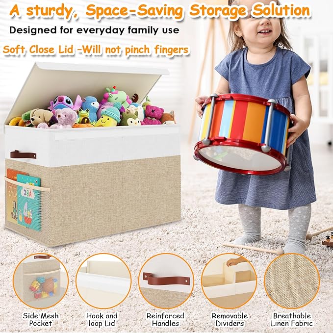Large Toy Storage Box with Lid Upgraded Toy Storage Chest Organizer with Divider Foldable Toy Bin for Kids Boys Girls Playroom Nursery Bedroom (25"x13"x16")