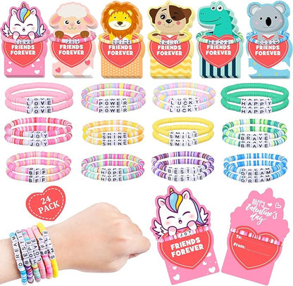 MOVINPE Valentines Day Cards for Girls Classroom Bulk, 24 Pack Friendship Bead Bracelets with Valentines Day Gift Cards, Classroom Prizes, Exchange Gift, Valentine’s Day Cards for Kids School