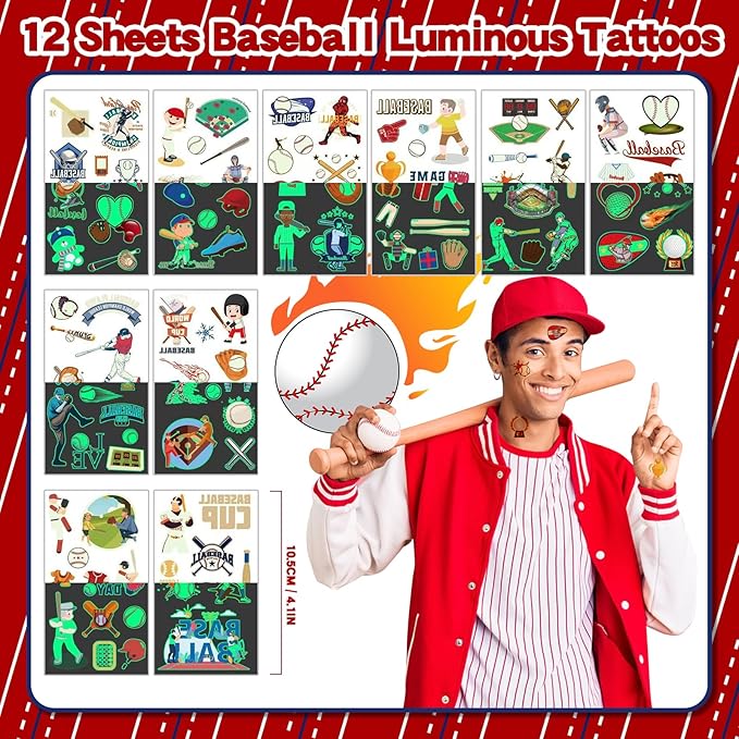 122Pcs Baseball Party Favors Baseball Goodie Bags Favors with Stress Ball Keychain Tattoo Sticker Silicone Bracelet for Baseball Themed Birthday Party Supplies