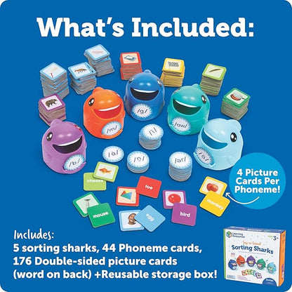 Learning Resources Say-a-Sound Sorting Sharks - Montessori Toys, Kindergarten Learning Activities, Phonemic Awareness Flash Cards, Dyslexia Tools for Kids, Speech Therapy Materials, Learn to Read