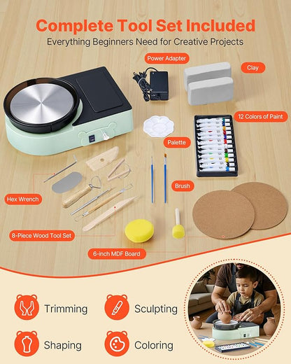 VEVOR Pottery Wheel for Kids and Adults - Complete Pottery Kit with 6" Turntable Clay Art Supplies Sculpting Tools, Mini Clay Making Pottery Wheel with Storage Design, Crafts Christmas Gifts, Green