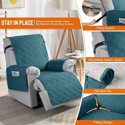 VANSOFY 100% Waterproof Recliner Chair Covers, Recliner Cover Non-Slip Dog Chair Cover Furniture Protector Washable Slipcover with Pocket, Elastic Straps for Pets, Dogs(Peacock Blue, 30")