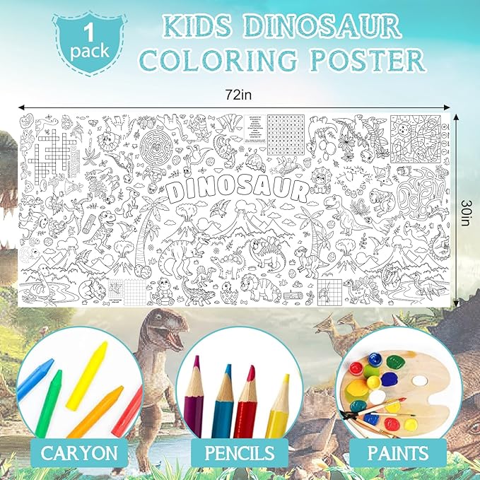 Dinosaur Giant Coloring Poster for Kids 30x72 Inch, Dinosaur Large Coloring Poster Tablecloth Books, Dinosaur Themed Color-in Activities Games for Kids School Classroom Home Party Supplies Decorations