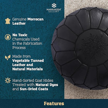 Marrakesh Gallery Genuine Leather Round Pouf Unstuffed - Moroccan Ottoman Footstool, Footrest Cover - Boho Decor - Bohemian Living Room, Bedroom, Kids Room, Gift & Wedding