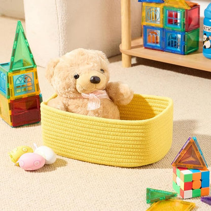 MiniArk Small Storage Baskets for Organizing | Closet Organizer Bins | Shelf Toy Basket | Woven Rope Baskets | Cube Decorative Box | Shallow Basket | 11.5x7.5x4.7” | 4 Packs Yellow